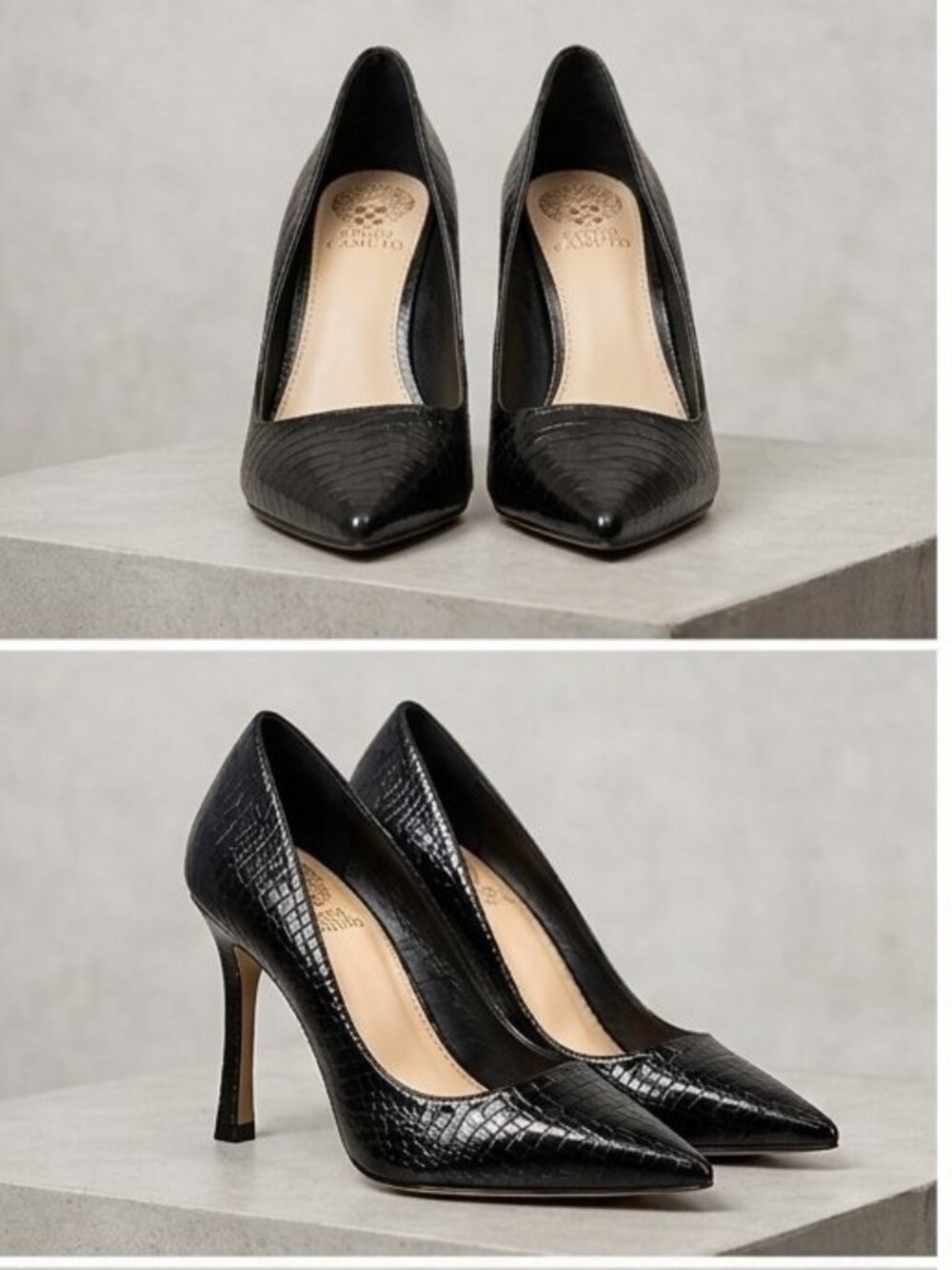 Vince Camuto Avaden Black Leather Croc-Embossed Pointed-Toe Pumps, 7